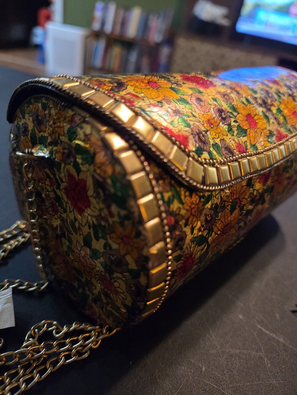 Floral Embossed Gold-Trim Cylinder Shoulder Bag With Chain Strap